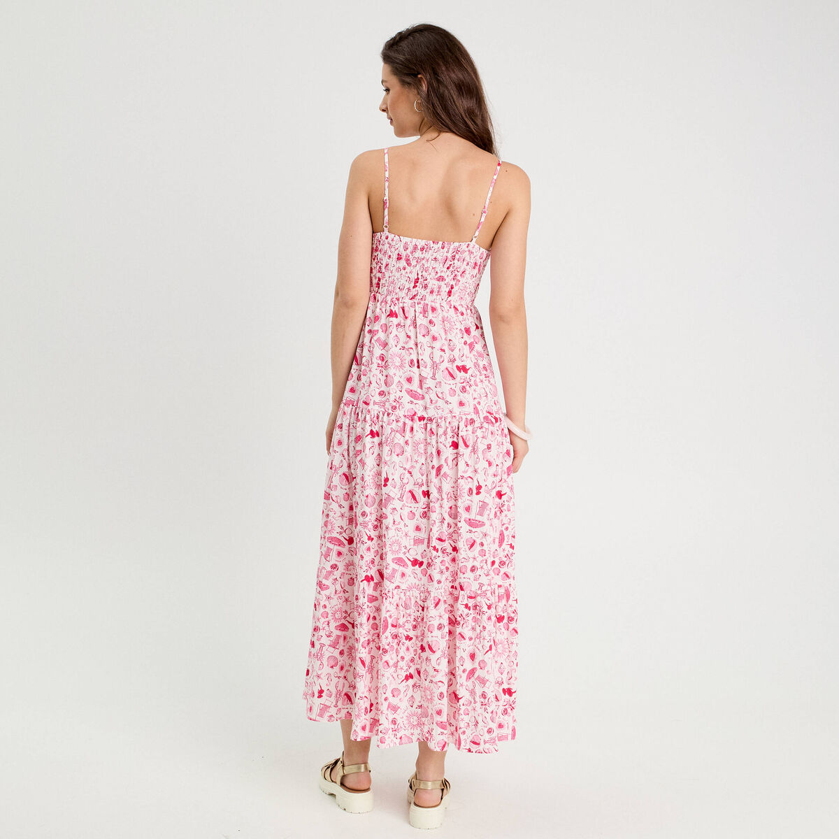 Robe longue évasée smockée rose fushia femme | Vibs