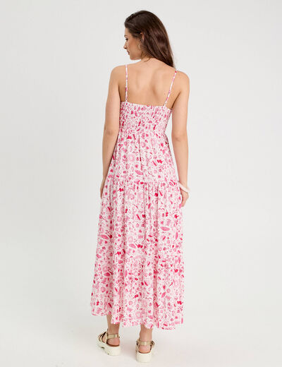 Robe longue évasée smockée rose fushia femme