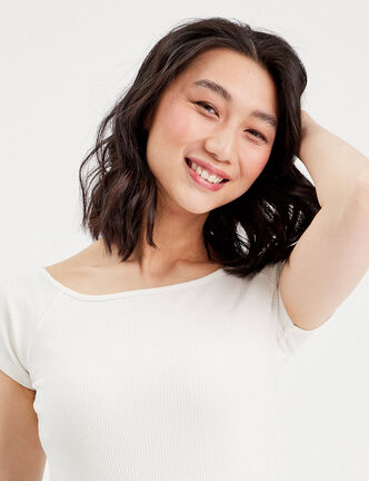 T-shirt cropped col bateau ecru femme