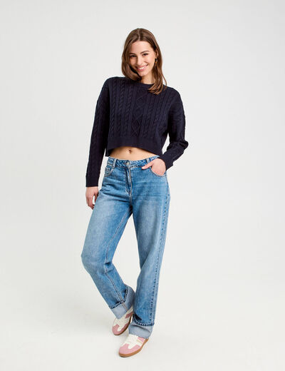 Pull avec torsades bleu marine femme