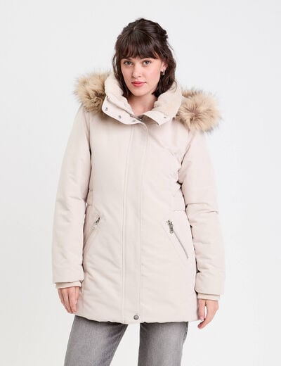 Parka &agrave; capuche fausse fourrure ecru femme
