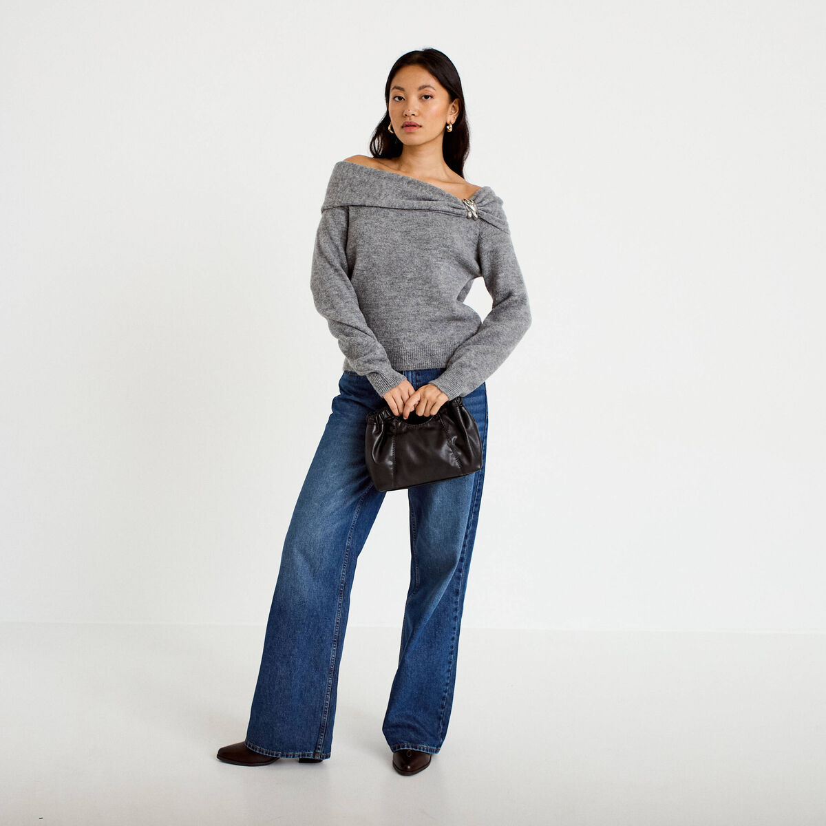 Pull col bardot manches longues gris femme