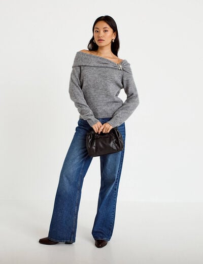 Pull col bardot manches longues gris femme