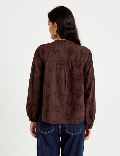 Blouse droite col rond manches longues marron fonc&eacute; femme