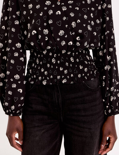 Blouse courte taille smock&eacute;e noir femme