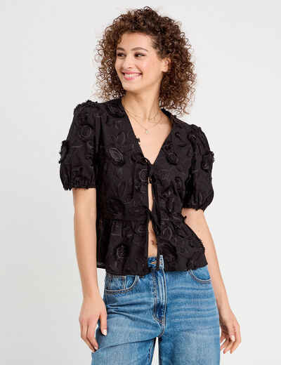 Blouse manches courtes noeuds noir femme