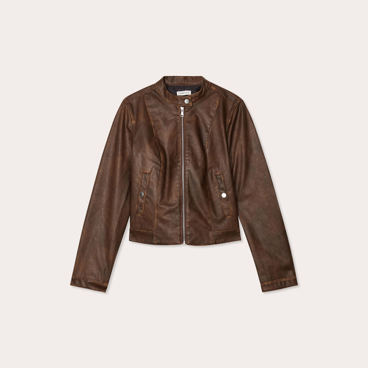 Veste simili cuir zippée marron foncé femme