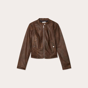 Veste simili cuir zippée marron foncé femme