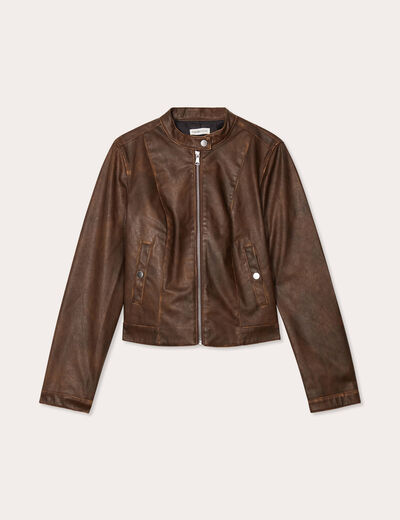Veste simili cuir zippée marron foncé femme