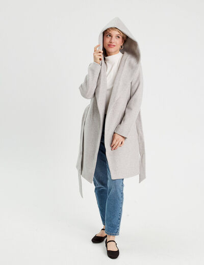 Manteau ceinturé à capuche gris clair femme