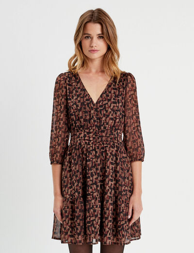Robe évasée manches 3/4 marron femme