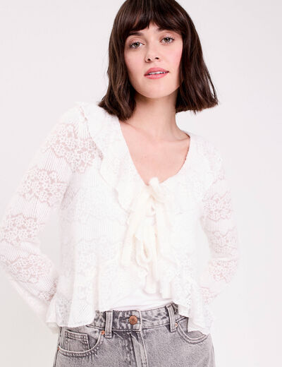 Gilet cintr&eacute; ajour&eacute; manches longues ecru femme