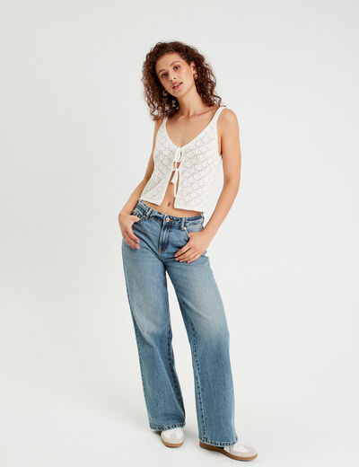 Crop-top ajouré et noué ecru femme