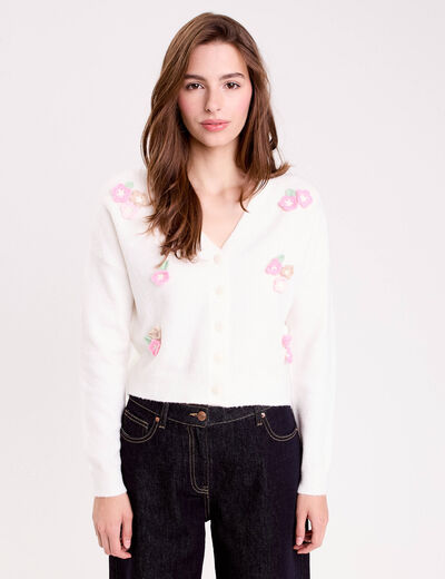 Gilet col v manches longues brod&eacute; ecru femme