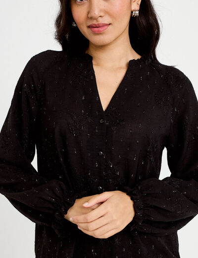 Blouse ample manches longues chin&eacute;e noir femme