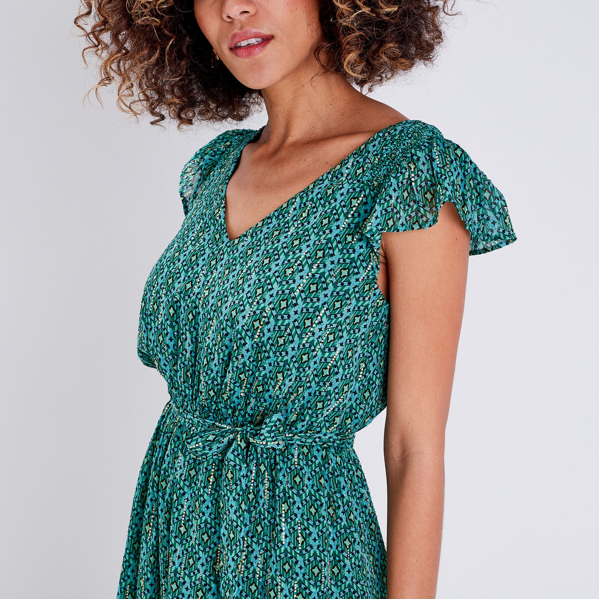 Robe longue évasée ceinturée vert femme