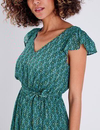 Robe longue évasée ceinturée vert femme