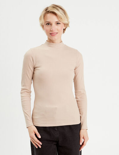 T-shirt manches longues côtelé sable femme