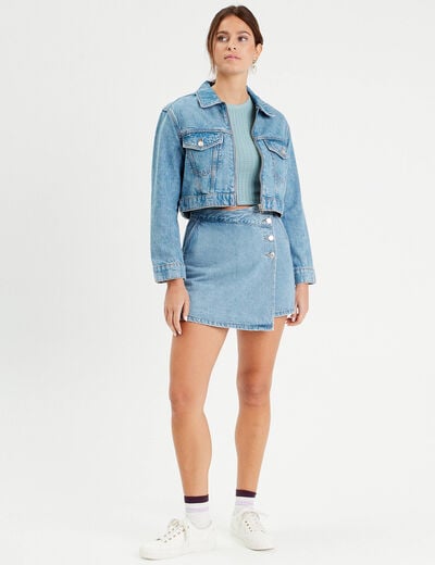 Jupe-short droite en jean denim double stone femme