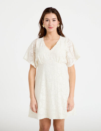 Robe courte &eacute;vas&eacute;e col v dentelle ecru femme