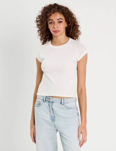 T-shirt détails ajourés ecru femme