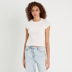 t shirt details ajoures ecru femme T-shirt détails ajourés ecru femme