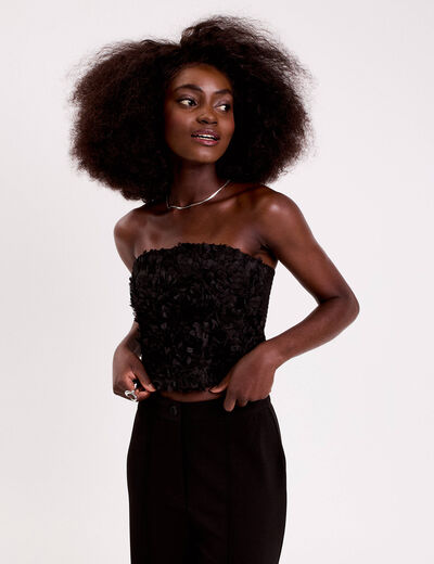 Bustier cropped fleurs en relief noir femme