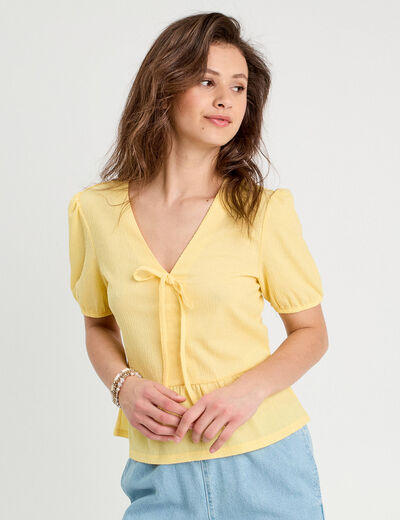 Blouse nouée brodée jaune clair femme