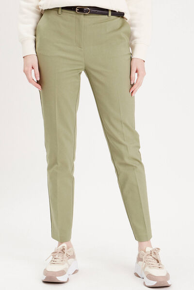 Pantalon cigarette ceinturé vert kaki femme