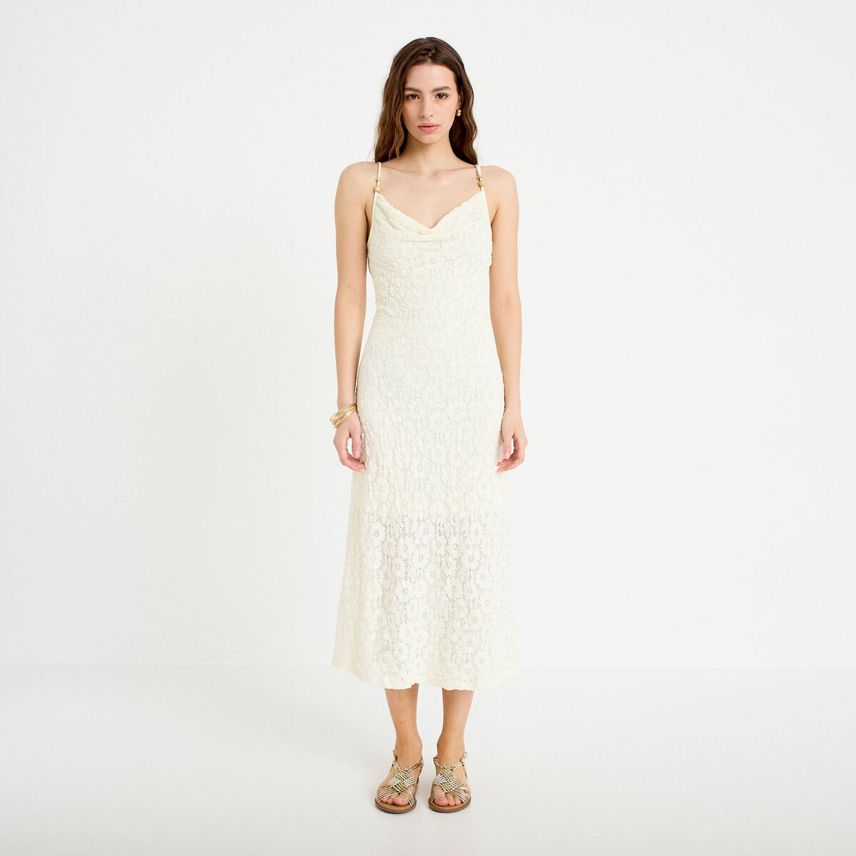 Robe longue droite en maille ecru femme