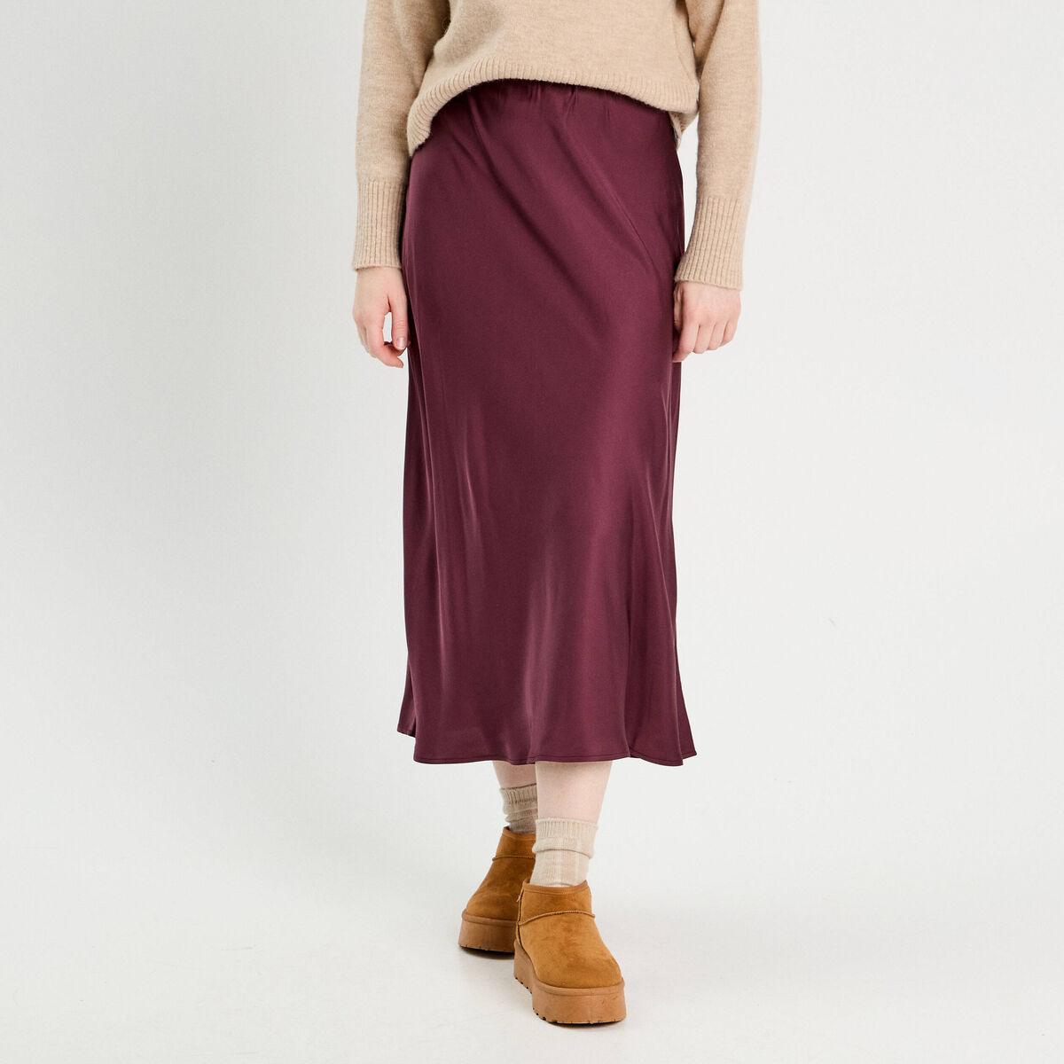 Jupe midi droite effet satin prune femme