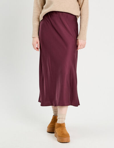 Jupe midi droite effet satin prune femme