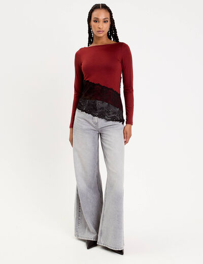 Top ajust&eacute; manches longues orange fonc&eacute; femme