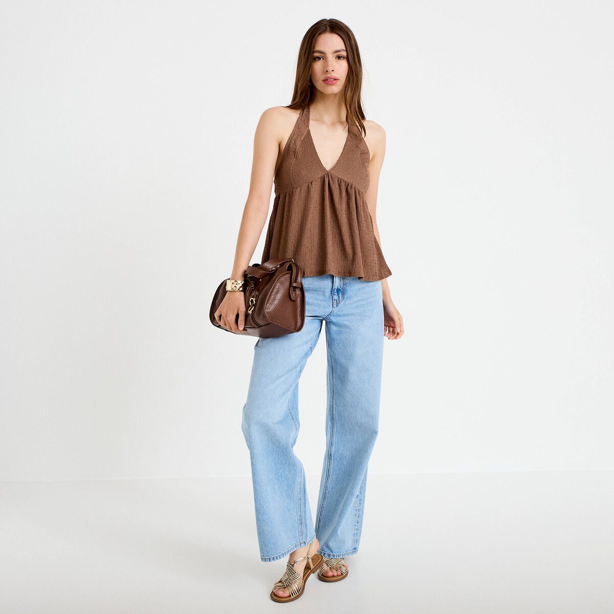 Top d&eacute;collet&eacute; sans manches pliss&eacute; marron fonc&eacute; femme