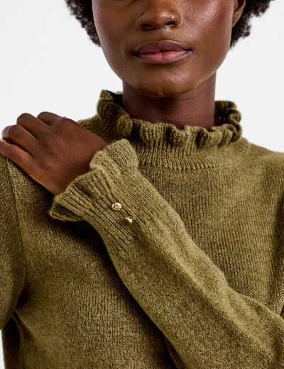 Pull ajust&eacute; col montant manches longues vert kaki femme