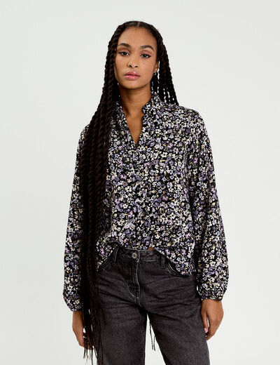 Blouse droite courte manches longues noir femme