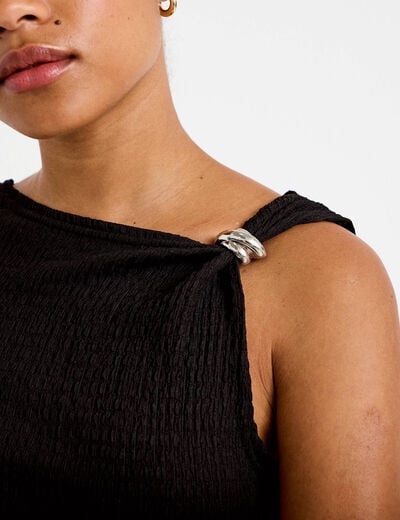 Top one shoulder pliss&eacute; manches courtes noir femme