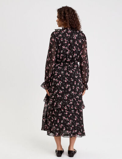 Robe longue évasée volants noir femme
