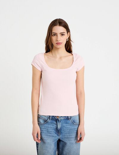 T-shirt cintr&eacute; d&eacute;collet&eacute; manches courtes rose clair femme