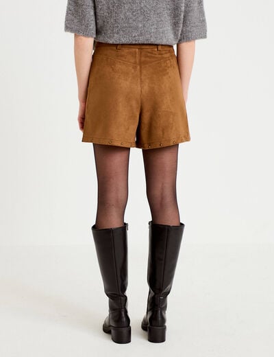 Short taille haute aspect daim clout&eacute; camel femme