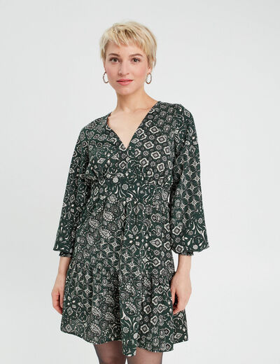 Robe évasée col en V vert femme