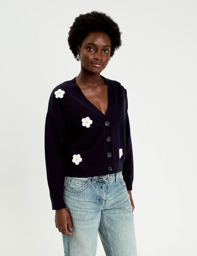 Gilet brod&eacute; col v bleu marine femme