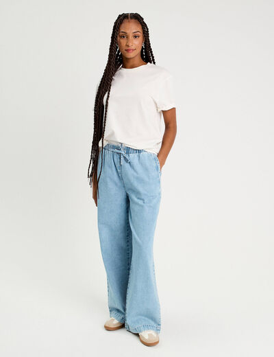 Jeans large taille élastiquée denim bleach femme