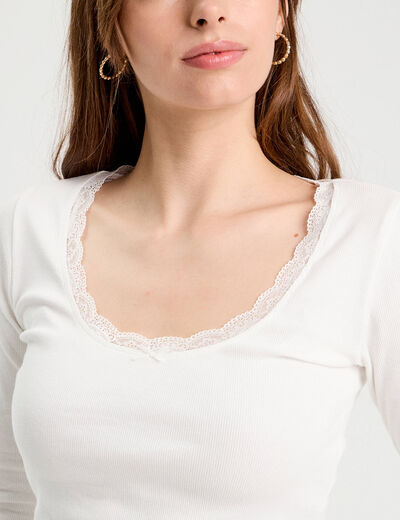 T-shirt manches longues côtelé ecru femme