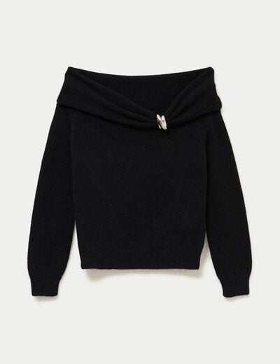 Pull col bardot manches longues noir femme