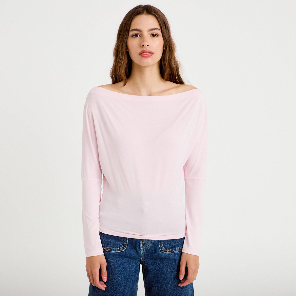T-shirt col bateau manches longues rose clair femme
