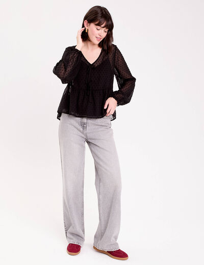 Blouse courte droite col v noir femme