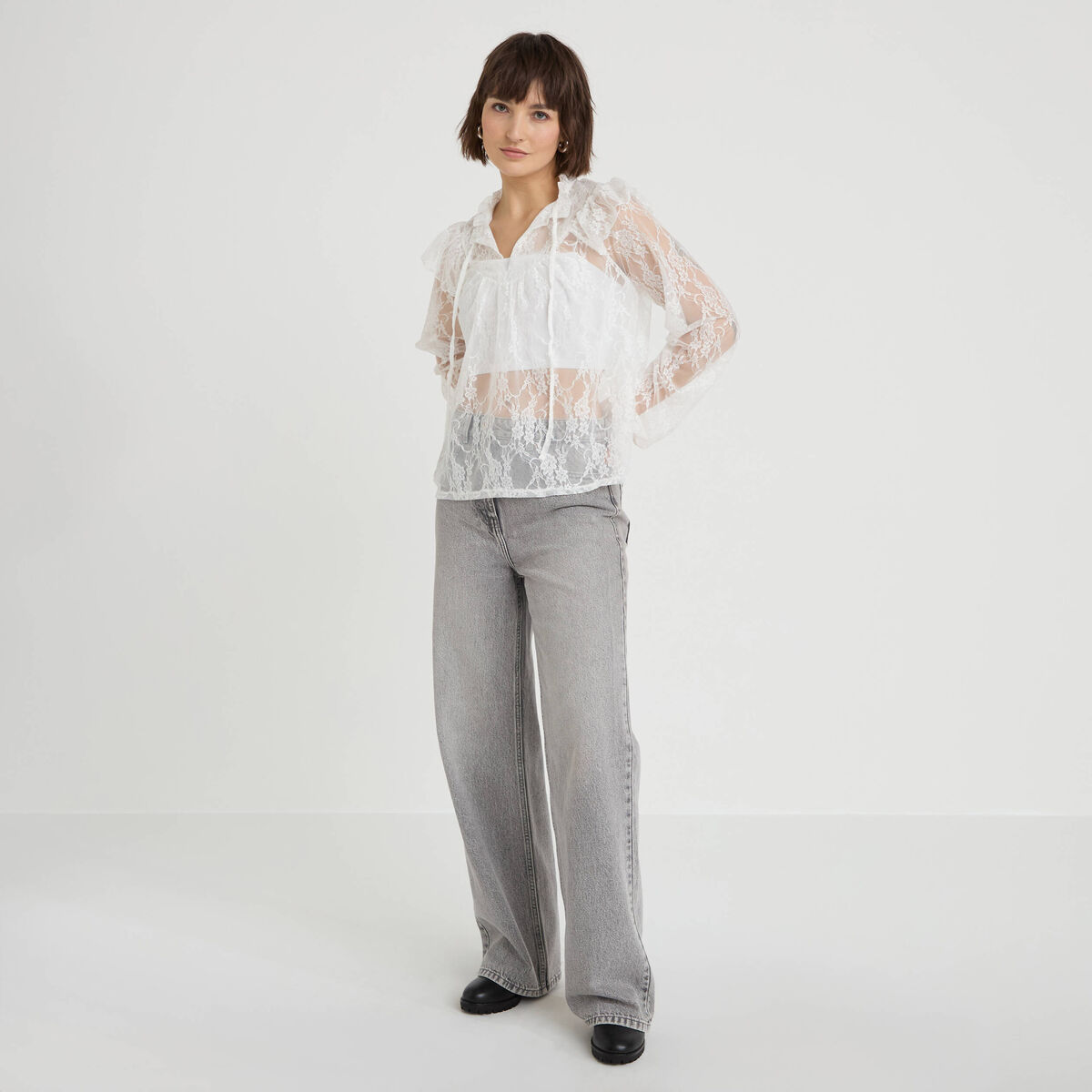 Blouse col rond manches longues dentelle ecru femme