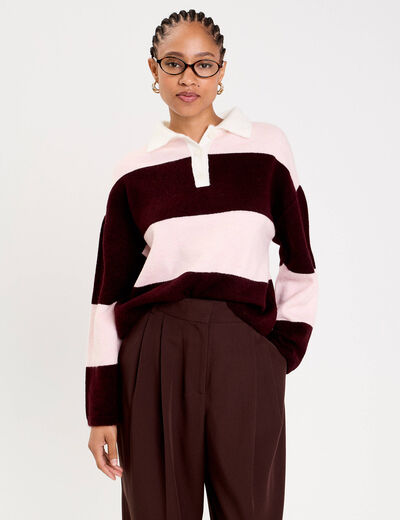 Polo manches longues col chemise bordeaux femme