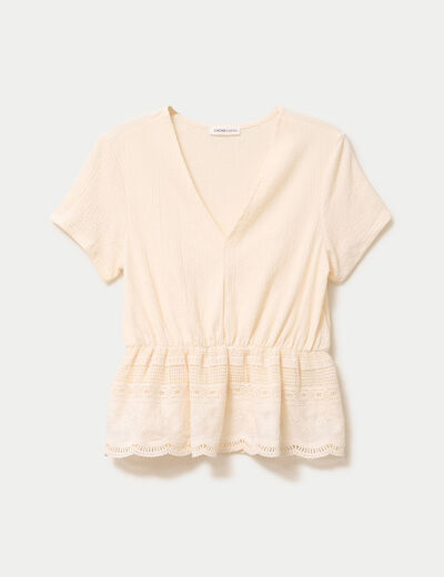Blouse droite col v manches courtes ecru femme